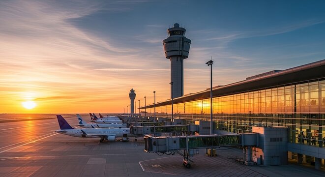 A busy airport terminal with a control tower and planes at sunset.