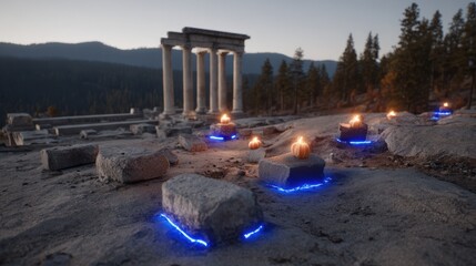 Mysterious Ancient Ruins with Glowing Blue Lights and Pillars Surrounded by Forest Landscape at Dusk