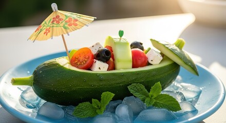 Cucumber Boat Salad with Fresh Ingredients and Decoration.