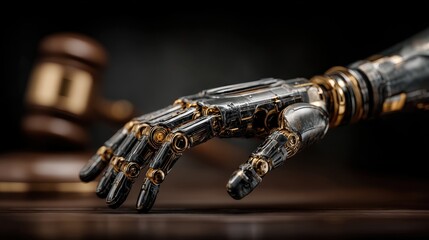 Naklejka premium Robotic hand and gavel on wooden surface illustrating artificial intelligence in law