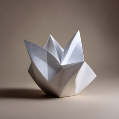 Abstract White Geometric Paper Sculpture with Angular Folds on Neutral Background with Shadow