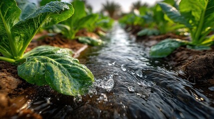 Green plants in an agricultural field being irrigated by flowing water, showing growth and freshness.
