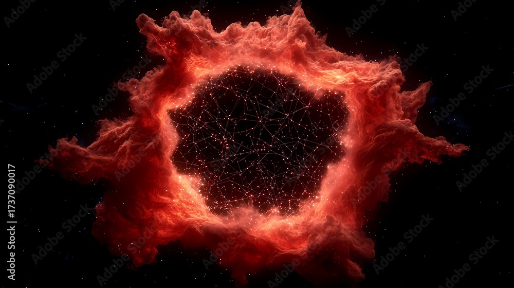 Sticker the image shows a fiery, reddish nebula surrounding a network of connected points, resembling a digi