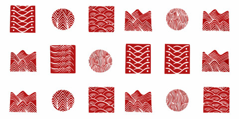 Collection of red and white abstract geometric patterns inspired by nature and traditional art