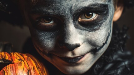 Child in spooky skull halloween makeup with an orange pumpkin for festive celebration