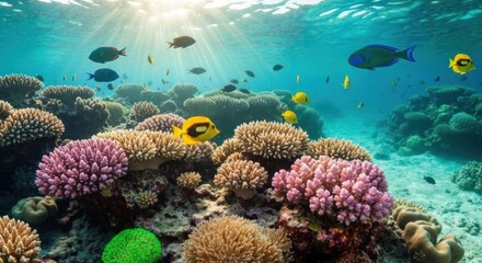 Fototapeta premium Vibrant coral reef teeming with colorful fish. Sunlight streams through the water, illuminating a variety of corals