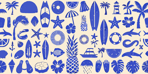 Whimsical blue summer beach icons pattern with tropical elements and ocean life
