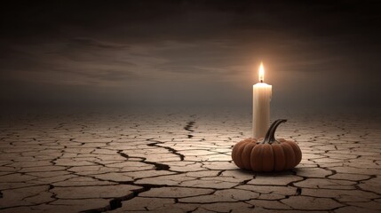 Candlelit Pumpkin on Cracked Earth Under Dark Stormy Skies, Symbolizing Isolation and Mystery in a Timeless Autumn Scene