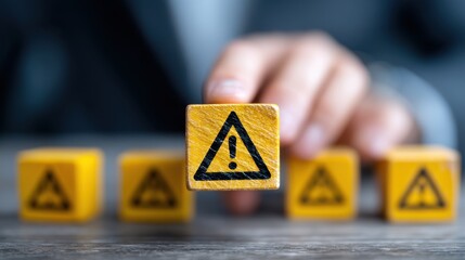 Hand placing yellow wooden block with warning sign symbolizing risk and caution