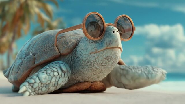 A relaxed sea turtle wearing round sunglasses relaxes on a beach. Palm trees and a bright sky are in the background