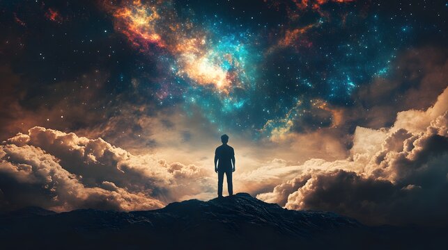 A lone figure stands on a mountaintop, gazing up at a vibrant, starry sky with a nebula in the center.