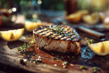 Grilled Swordfish ultra-detailed hyper-realism served in a unique style