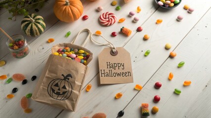 Fototapeta premium Festive Halloween Treats with Colorful Candy, Pumpkin, and Sweet Decor Ready for Celebration on Autumn Wooden Table