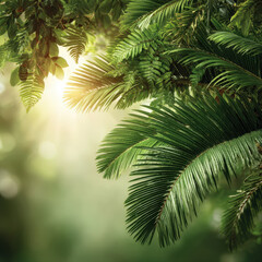 Fototapeta premium Lush green ferns framing a soft ivory gradient background with blank center