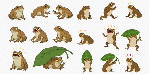 A collection of cartoon toads in various poses and expressions, including surprised, scared, and using a leaf as a hat or umbrella.