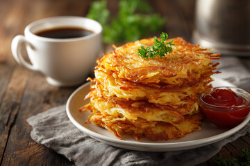 Hash Browns ultra-detailed hyper-realism served in a unique style, detailed food presentation with authentic atmosphere