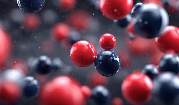 Spherical red and blue objects float in a soft-focused environment with tiny white specks