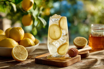 Honey Lemonade hyper-realistic drink served in a unique style, detailed food presentation with authentic atmosphere, perfect for culinary stock phot