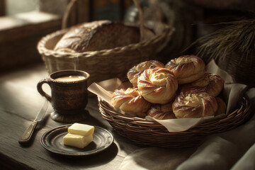 Karjalanpiirakka alternative homely presentation - hyperrealistic view showing Finnish pastries in different home setting with traditional accompaniments and warm family cooking atmosphere.