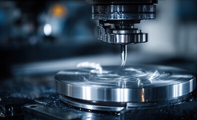 Close-up of metalworking machine, cutting a circular metal plate.  Precise machining process