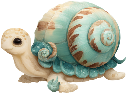 Cute cartoon snail turtle hybrid isolated on transparent background