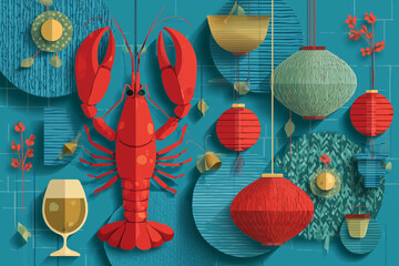 Kräftskiva - Swedish crayfish party in modern vector illustration showing crayfish, traditional hats, singing and festive elements in clean graphic style for cultural design projects.
