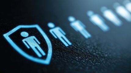 Blue glowing shield protecting a human figure, symbolizing security and insurance concepts.