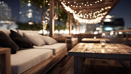 Cozy outdoor lounge setting with string lights and wooden furniture at dusk