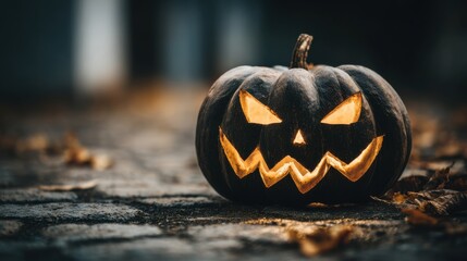 Spooky Halloween Pumpkin with Carved Face Illuminated by Candlelight Sitting on Cobblestone Path with Autumn Leaves Surrounding