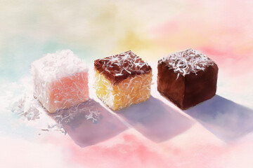 Lamington cake watercolor illustration capturing fluffy chocolate sponge texture and shredded coconut coating in artistic style with soft color blends and delicate food painting technique.