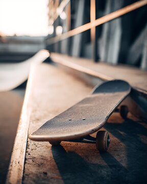Skateboard at golden hour in urban skatepark ready for street sport lifestyle