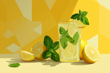 Lemon basil lemonade - refreshing herbal drink with citrus and basil flavors in modern vector illustration showing glass with lemon slices and basil leaves in clean graphic style.