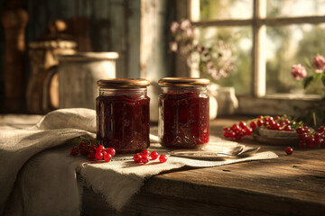 Lingonberry jam in cozy home kitchen - hyperrealistic view showing homemade preserve in jar with bread, butter and kitchen elements, capturing warm family breakfast atmosphere and homemade charm.