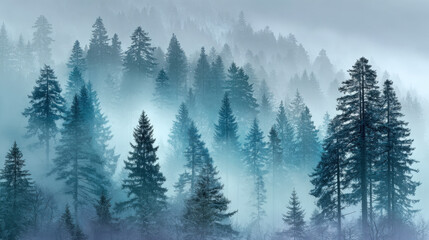 Fototapeta premium Softly blurred snowy forest with glowing pale center for text space
