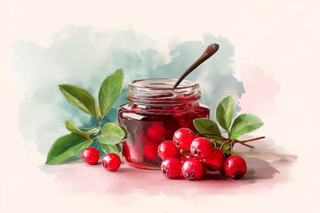 Lingonberry jam watercolor illustration showing delicate berry textures and vibrant red colors in artistic style, capturing the natural beauty of Scandinavian berry preserves with soft brush strokes.