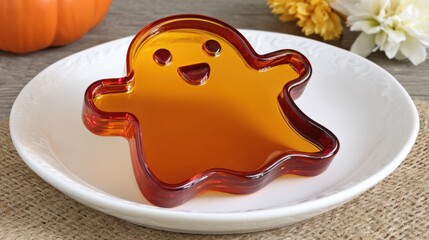 Cute orange ghost-shaped jelly dessert presented on a white plate with seasonal decorations and a cozy autumn background