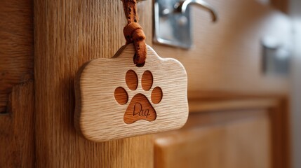 Wooden dog paw print tag shaped like a bone hanging on a light brown wooden door