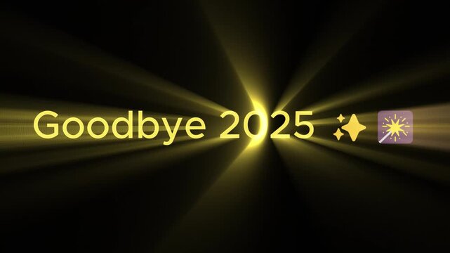 "Create a 5-second transition video. Start dark, then explode into a bright, golden-yellow light show where the text 'Goodbye 2025' appears, quickly dissolves into sparkles, and is immediately replace