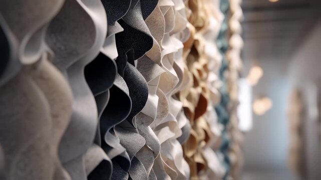 Closeup view of inventive paper panel prototypes displayed at an exhibition showcasing unique textures and innovative design ideas with a softfocus backdrop.