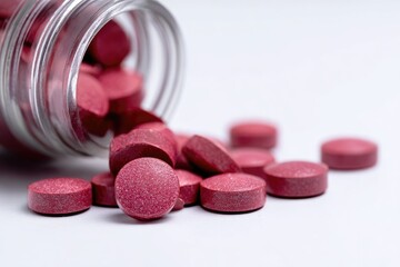 Pink pills spilling from a glass jar