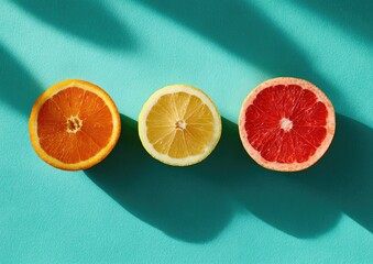 Top-down shot of sliced citrus fruits (orange, lemon, grapefruit) on a bright turquoise surface