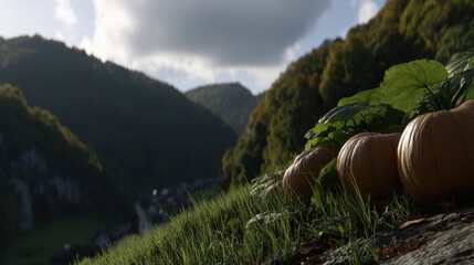 Scenic Landscape with Pumpkins Growing on a Hillside Surrounded by Lush Green Trees Under a Dramatic Sky