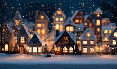 Fototapeta premium Cozy Winter Village Scene with Snow and Festive Lights at Night