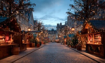 Obraz premium Festive Christmas Market with Twinkling Lights and Wooden Stalls