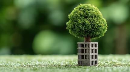 Green tree growing from a building model symbolizing eco friendly architecture