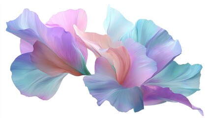 Abstract pastel floral art. Delicate, flowing petals in shades of pink, light purple, and teal. Soft, textured digital illustration