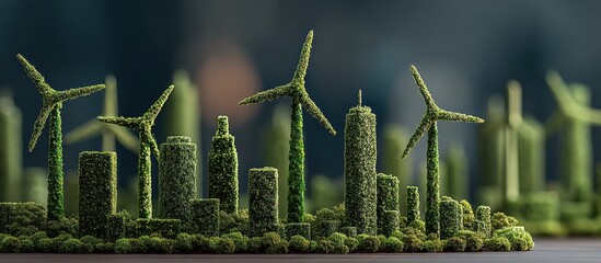 Green city model with moss covered buildings and wind turbines for sustainable energy