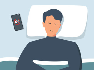 Illustration of sleeps in bed with a pillow, blanket, and cell phone with a mute voice