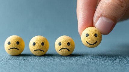 Hand choosing a happy smiley face ball from a row of sad faces for customer feedback