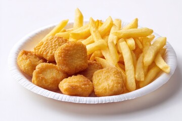 Crispy fried chicken nuggets and french fries on a white paper plate